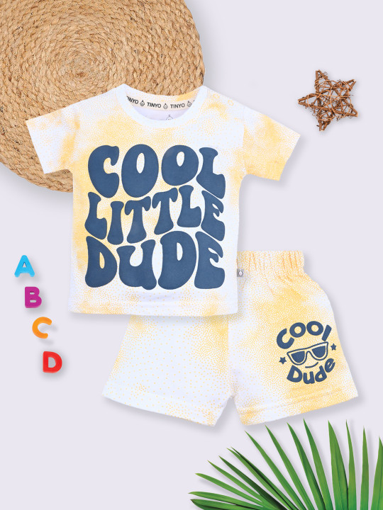 Tinyo Printed Typography Pure Cotton T-Shirt & Shorts Set For Boys (Yellow & White, Pack Of 1)