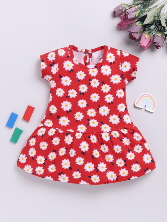 Tinyo Floral Printed Cotton Drop-Waist Dress For Infant Girls (Red & White, Pack Of 1)