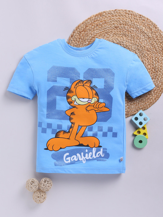 Tinyo Garfield Printed Cotton T-Shirt For Boys (Blue, Pack Of 1)