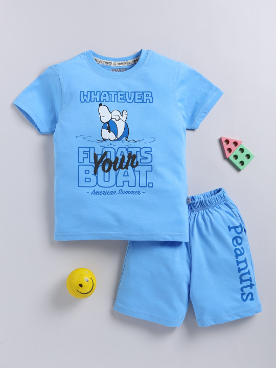 Tinyo Peanuts Printed Pure Cotton T-Shirt & Shorts Set For Boys (Blue, Pack Of 1)