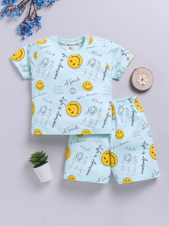 Tinyo Smiley World Printed Pure Cotton T-Shirt & Shorts Set For Infant Boys (Mint Green, Pack Of 1)