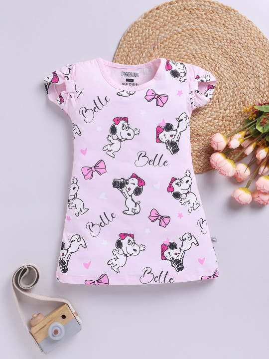 TINYO Girls Peanuts Printed A-Line Dress (Pink, Pack of 1)