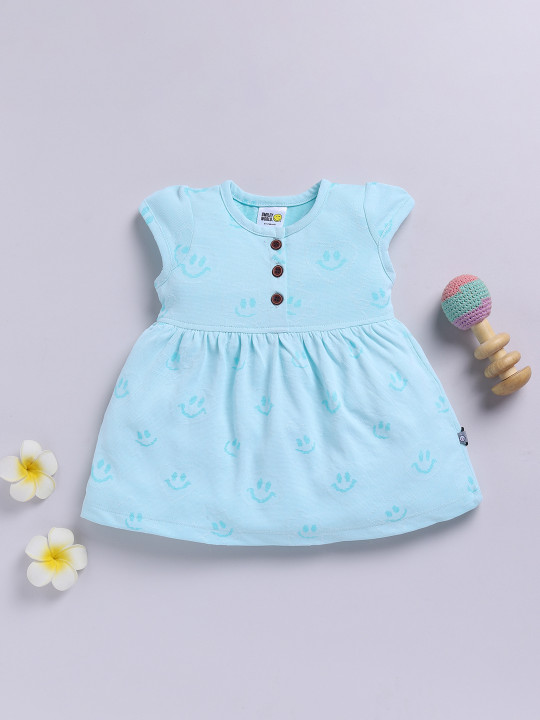 Tinyo Girls Printed Flutter Sleeve A-Line Cotton Blend Dress (Sea Green, Pack Of 1)