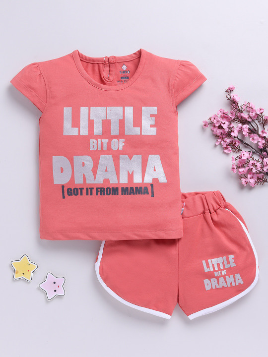 Tinyo Infant Girls Typography Printed Pure Cotton Top & Shorts Set (Rust, Pack Of 1)