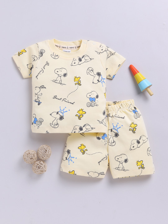 Tinyo Snoopy Printed Pure Cotton T-Shirt & Shorts Set For Infant Boys (Butter, Pack Of 1)