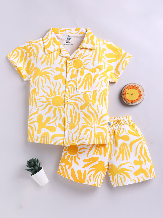 Tinyo Boys Abstract Print Pure Cotton Shirt & Shorts Set (White & Yellow, Pack Of 1)