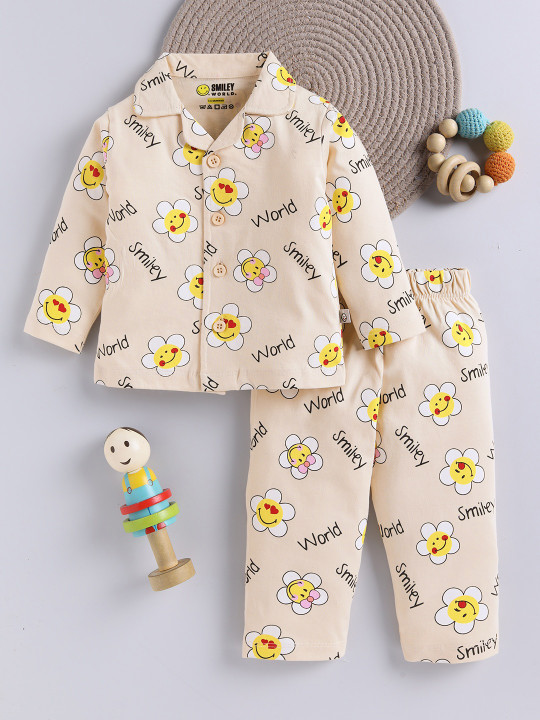 Tinyo Infant Girls Smileyworld Printed Pure Cotton Night Suit (Beige, Pack Of 1)