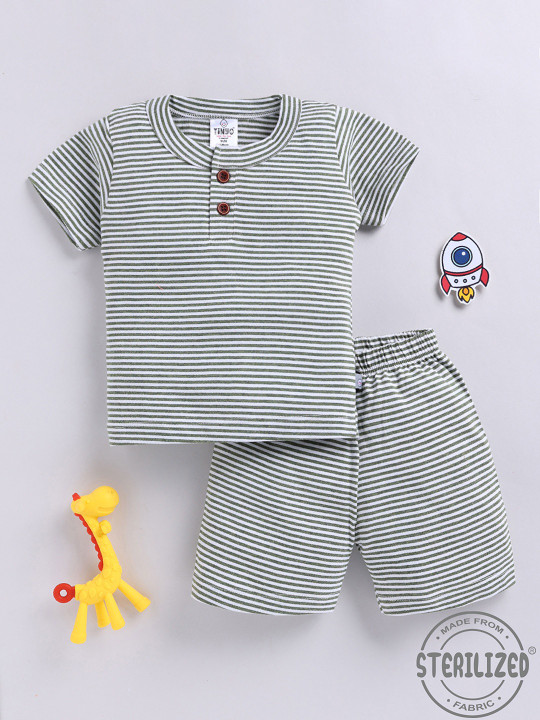 TINYO Infant Boys Striped T-shirt & Shorts Set (Green, Pack of 1)