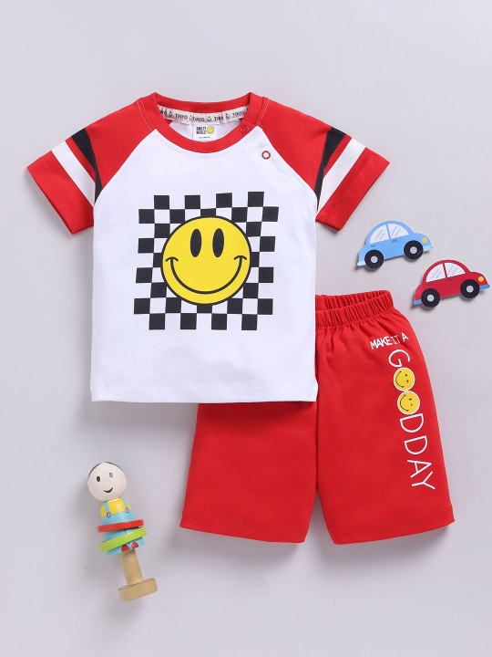 Tinyo Smiley World Printed Pure Cotton T-Shirt & Shorts Set For Infant Boys (Red, Pack Of 1)