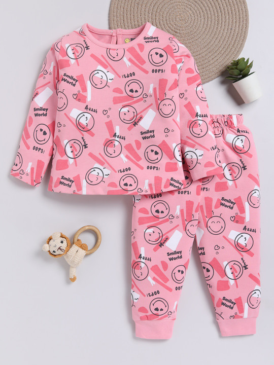 TINYO Infant Girls Smiley World Printed Pure Cotton Clothing Set (Pink, Pack of 1)