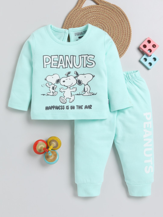 TINYO Infant Girls Peanuts Printed Pure Cotton T-Shirt with Joggers (Sea Green, Pack of 1)