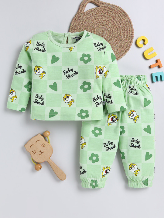 Tinyo Infant Girls Baby Shark Printed Pure Cotton T-Shirt With Joggers (Green, Pack Of 1)