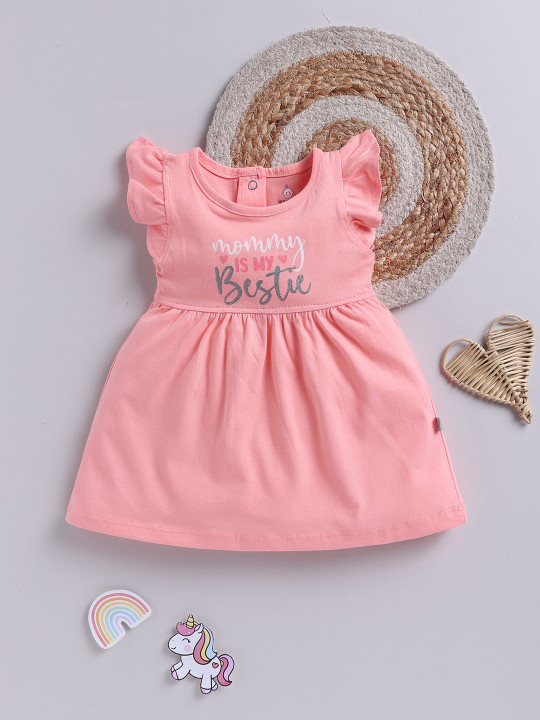 TINYO Infant Girls Printed Flutter Sleeve Fit & Flare Dress (Peach, Pack of 1)