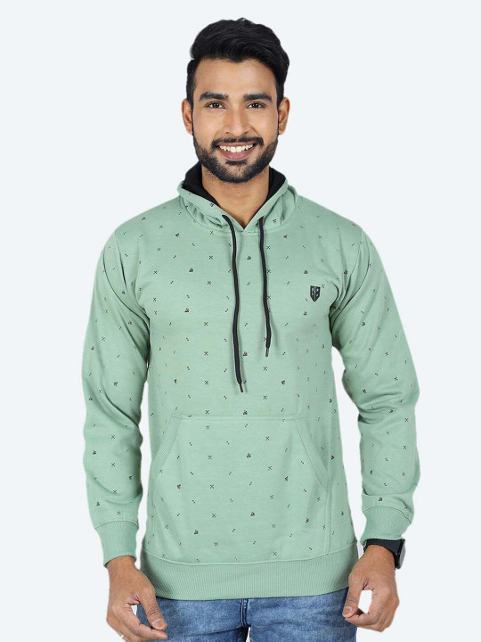 GAME BEGINS Men Hooded Geometric Printed Fleece Pullover Sweatshirt (Pista, Pack of 1)