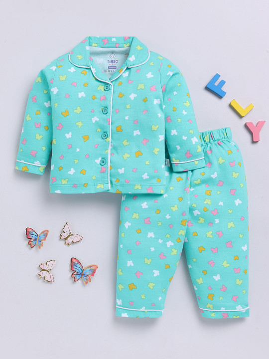 Girls Graphic Printed Pure Cotton Night Suit (Green, Pack Of 1)