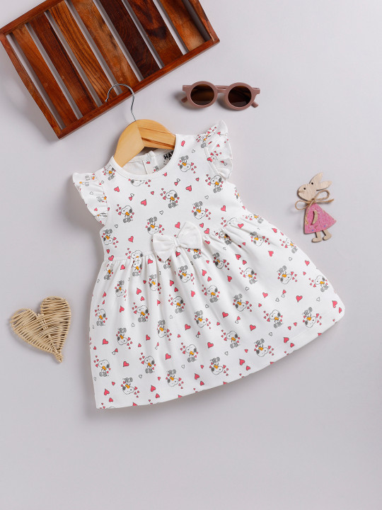 TINYO Infant Girls Peanuts Print Flutter Sleeve Fit & Flare Dress (White, Pack of 1)