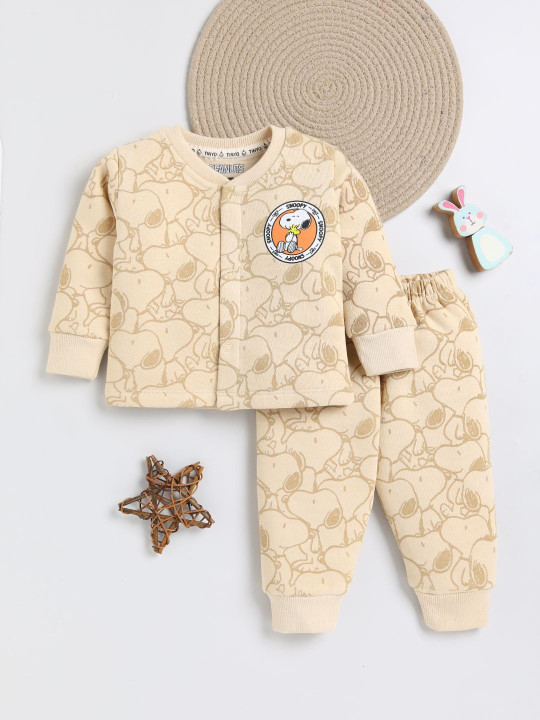 TINYO Infant Girls Peanuts Printed T-shirt & Pyjamas Set (Beige, Pack of 1)