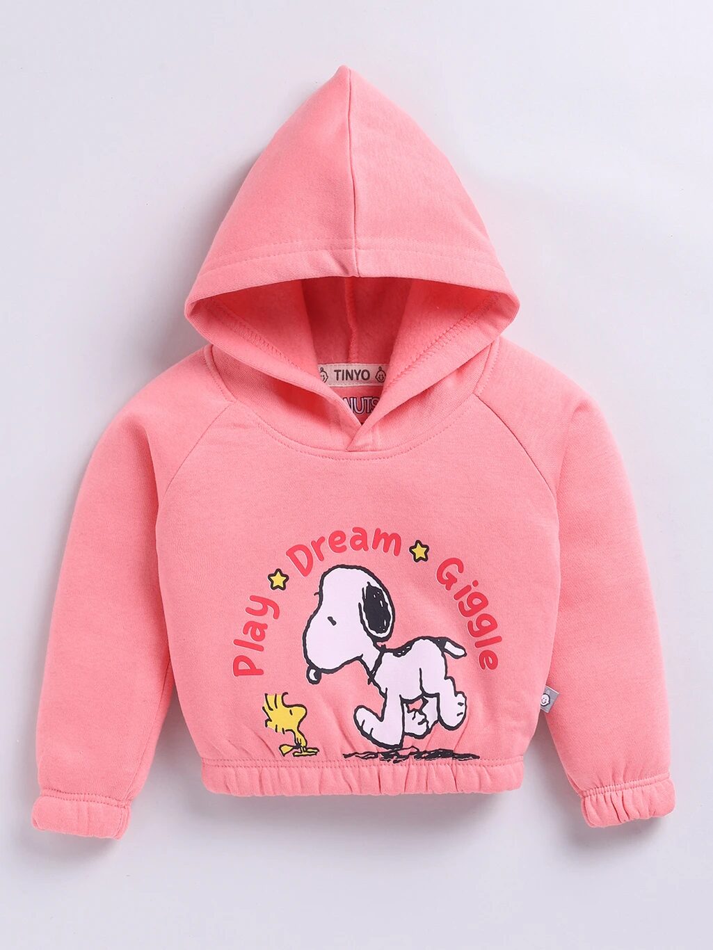 Tinyo Girls Peanuts Fleece Printed Hooded Sweatshirt (PEACH, Pack Of 1)