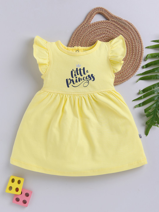 TINYO Infant Girls Printed Flutter Sleeve Fit & Flare Dress (Yellow, Pack of 1)