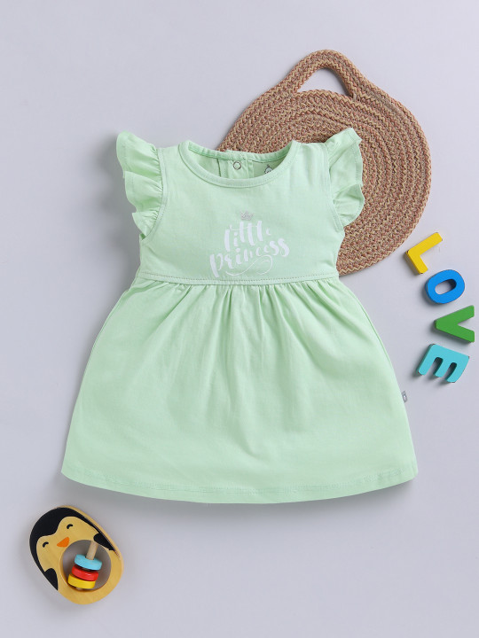 TINYO Infant Girls Printed Flutter Sleeve Fit & Flare Dress (Sea Green, Pack of 1)