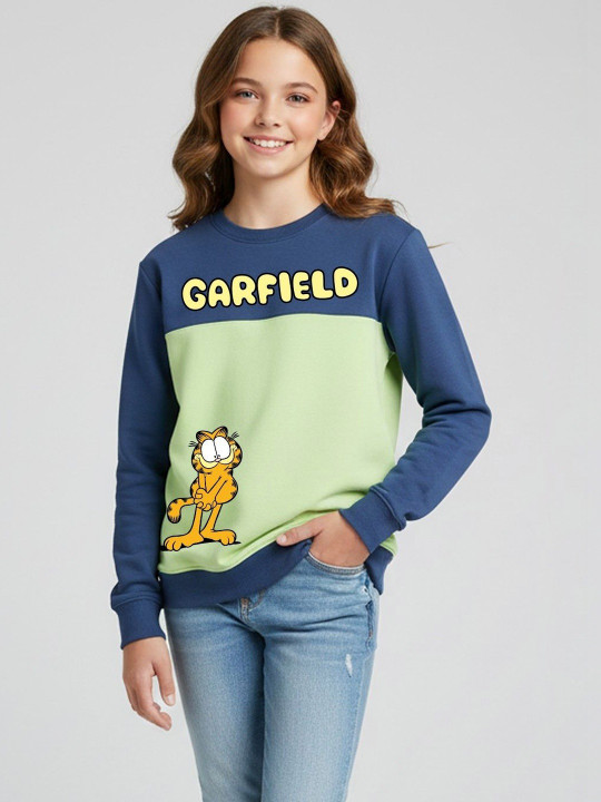 Minute Mirth Girls Garfield Fleece Colourblocked Sweatshirt (Blue, Pack Of 1)