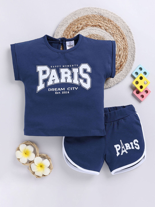 Tinyo Girls Printed Cotton Blend Top & Shorts Set (Navy Blue, Pack Of 1)