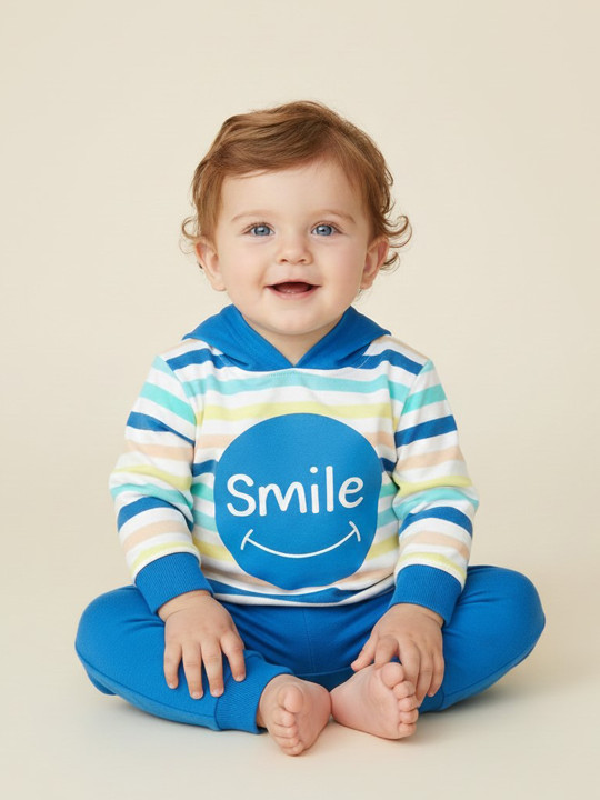 TINYO Infant Boys Typography Printed Hooded Pure Cotton T-Shirt (Blue & White, Pack of 1)