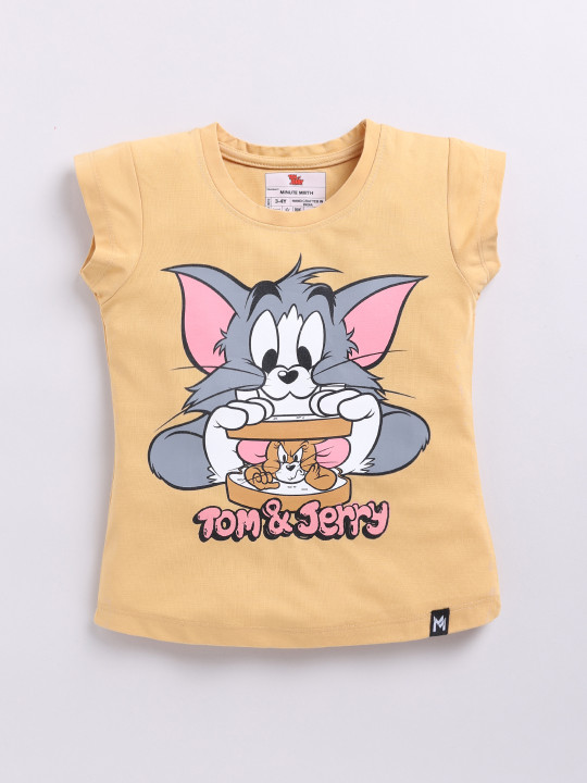 Minute Mirth Girls Tom and Jerry Printed Round Neck T-shirt (Yellow, Pack of 1)