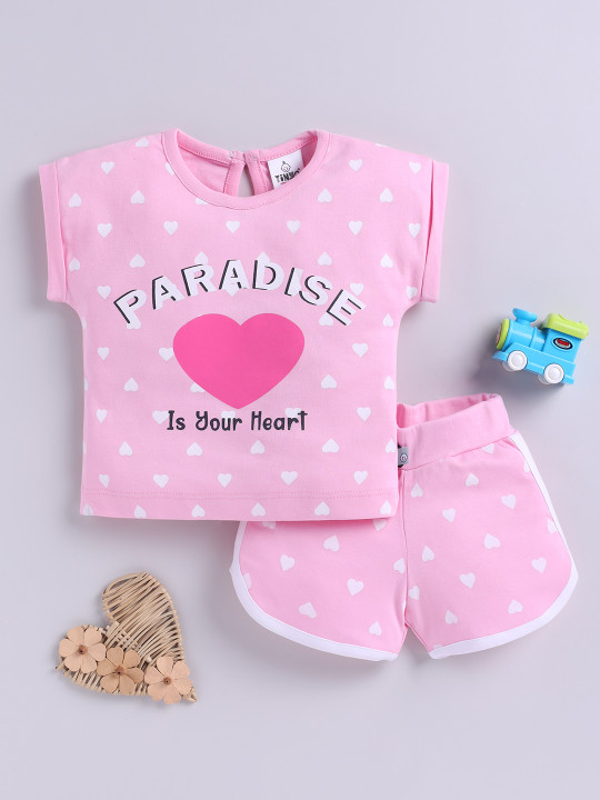 TINYO Infant Girls Printed Cotton T-Shirt & Shorts Set (Pink, Pack of 1)
