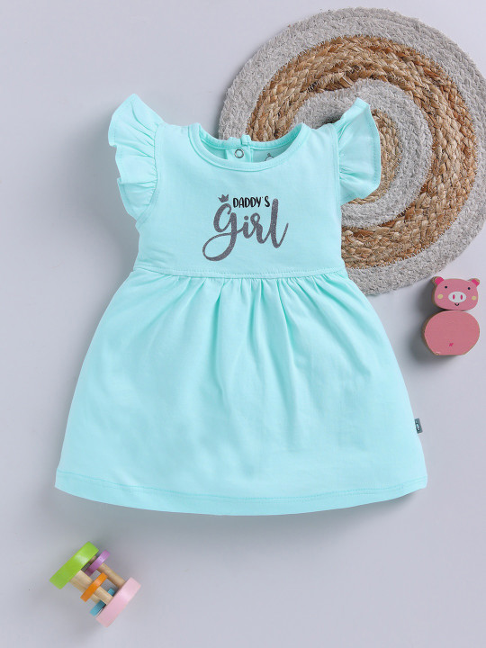 TINYO Infant Girls Printed Flutter Sleeve Fit & Flare Dress (Sea Green, Pack of 1)