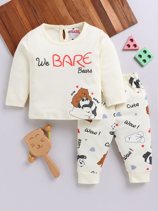 TINYO Infant Girls WE BARE BEARS Printed T-Shirt with Pyjamas Set (Off White, Pack of 1)