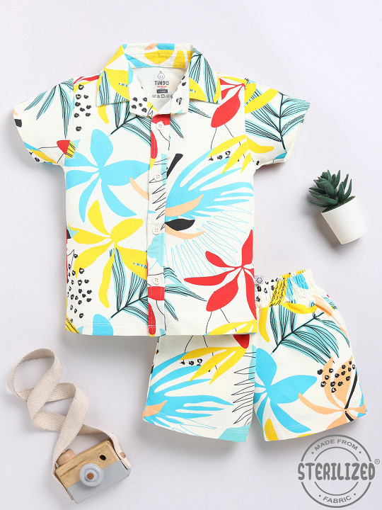 TINYO Boys Floral Printed Pure Cotton Shirt & Shorts Set (White, Pack of 1)
