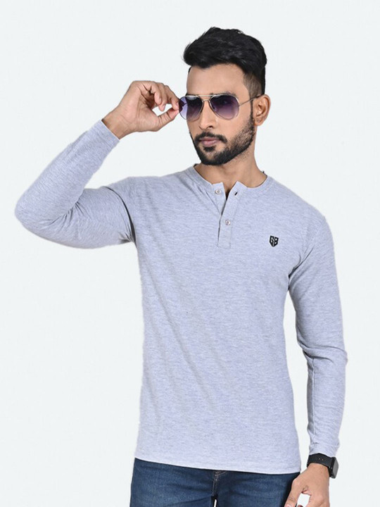 GAME BEGINS Men Solid Henley Neck Long Sleeve Pure Cotton T-Shirt (Grey, Pack of 1)