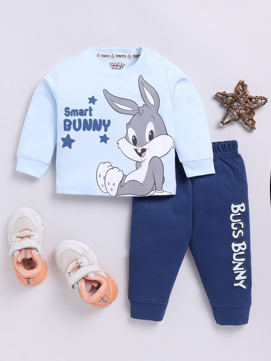 TINYO Boys Bugs Bunny Printed T-Shirt and Joggers (Blue & Navy, Pack of 1)