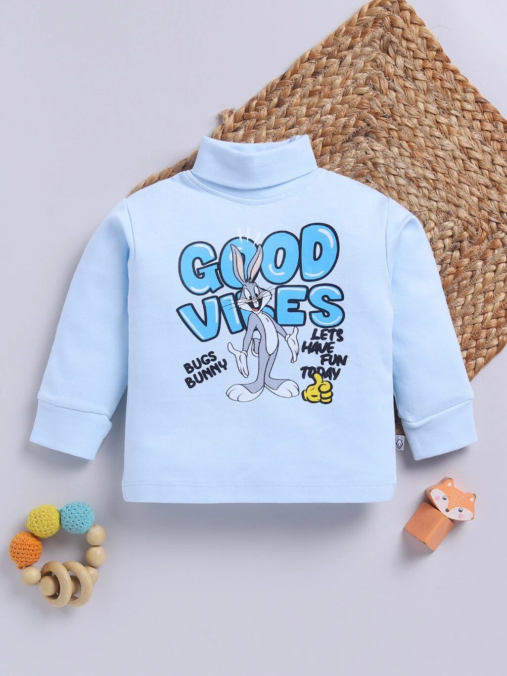 Tinyo Baby Boys Bugs Bunny Graphic Print Cotton Blend High Neck T-Shirt (BLUE, Pack of 1)