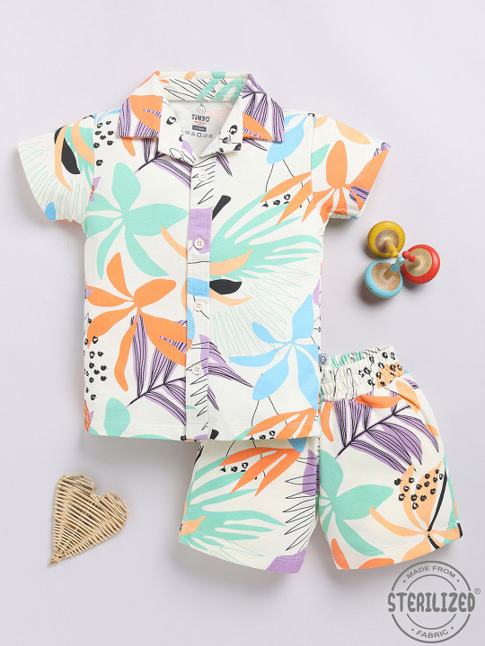 TINYO Boys Floral Printed Pure Cotton Shirt & Shorts Set (Off White, Pack of 1)