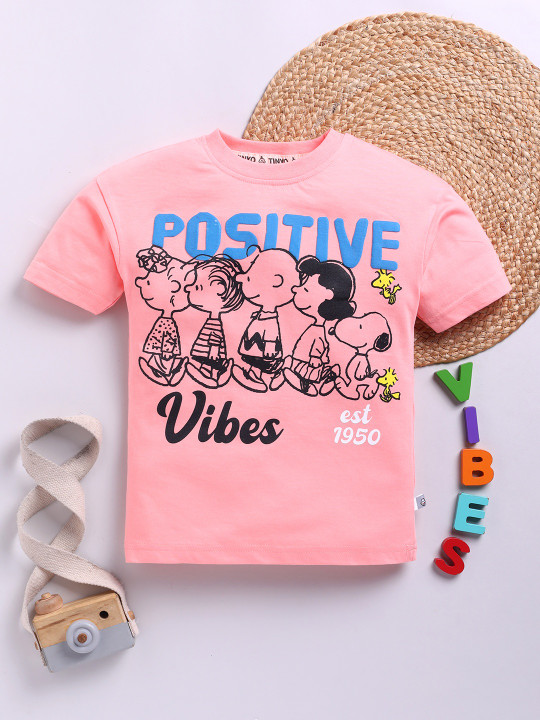 Tinyo Peanuts Printed Cotton T-Shirt For Boys (Peach, Pack Of 1)
