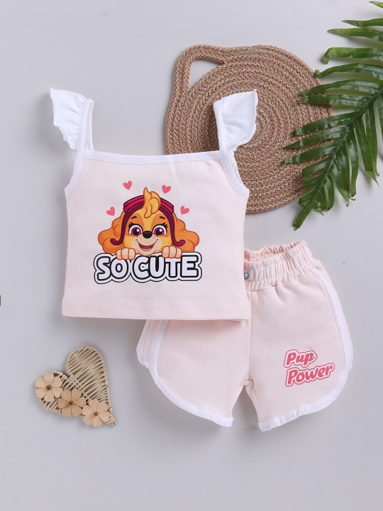 TINYO Girls Paw Patrol Printed Pure Cotton Top with Shorts (Peach, Pack of 1)