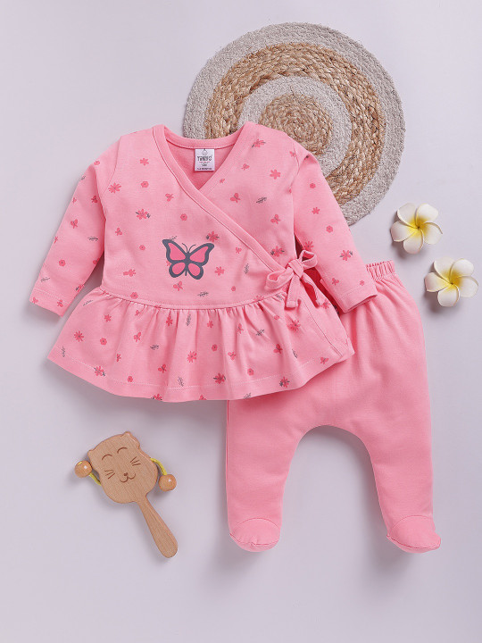TINYO Infant Girls Printed Cotton Tunic with Leggings Set (Pink, Pack of 1)
