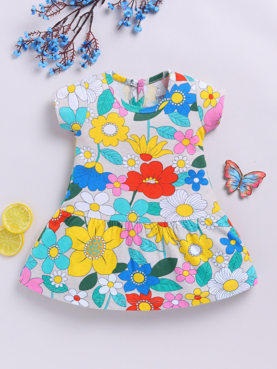 Tinyo Floral Printed Cotton Drop-Waist Dress For Infant Girls (Multicolor, Pack Of 1)