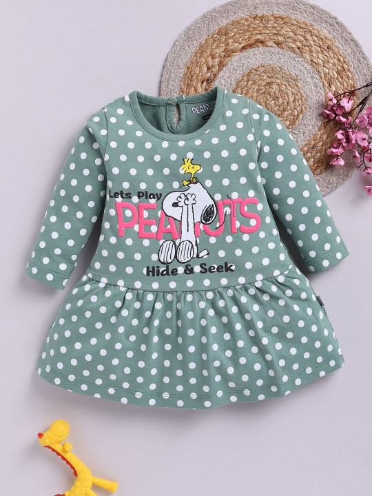 Tinyo Girls Peanuts Graphic Print A-Line Dress (Green, Pack Of 1)
