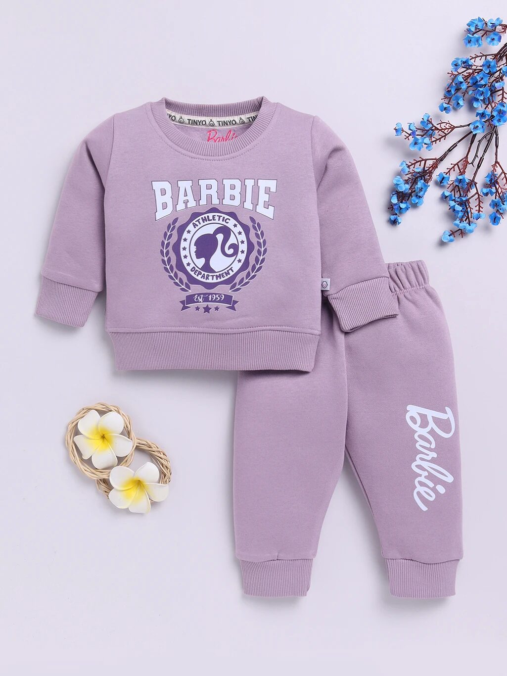 Tinyo Baby Girls Barbie Fleece Printed Sweatshirt Sweatpant Set (MAUVE, Pack of 1)