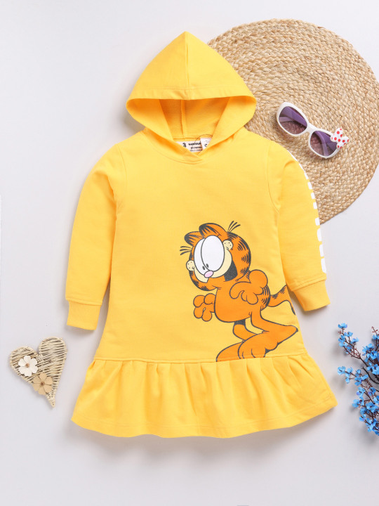 Minute Mirth Girls Garfield Printed A-Line Hooded Dress (Yellow, Pack of 1)