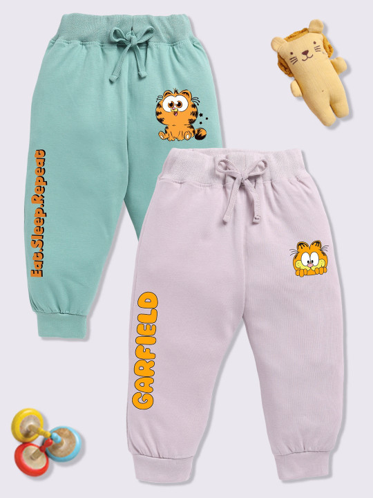 Minute Mirth Infant Boys Garfield Assorted Set Of 2 Pure Cotton Joggers (Multicolor, Pack Of 2)