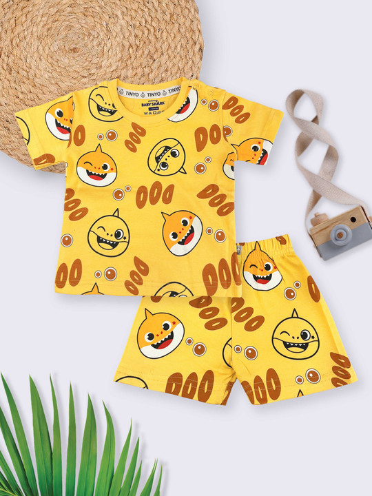 Tinyo Baby Shark Printed Pure Cotton T-Shirt & Shorts Set For Boys (Yellow, Pack Of 1)