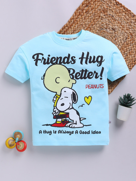 Tinyo Peanuts Printed Cotton T-Shirt For Boys (Blue & Black, Pack Of 1)