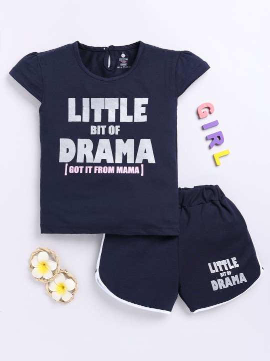 Tinyo Infant Girls Typography Printed Pure Cotton Top & Shorts Set (Navy Blue, Pack Of 1)