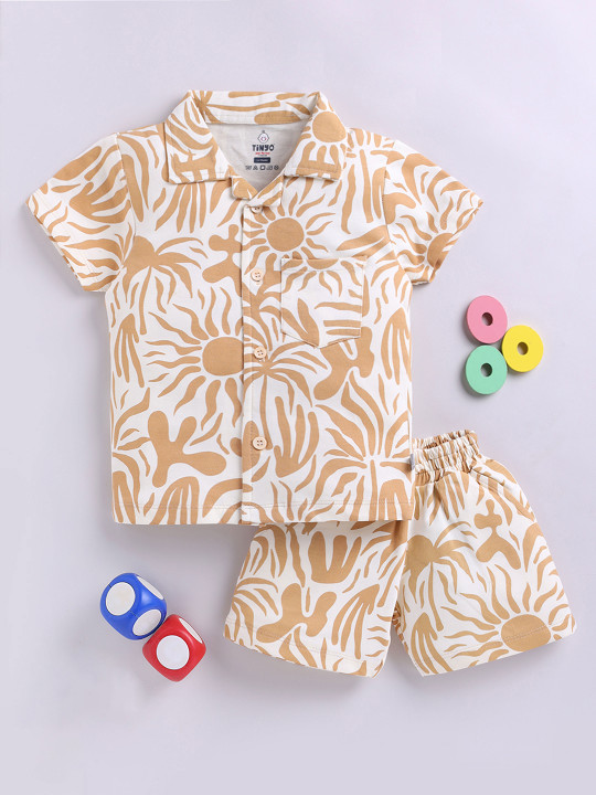 Tinyo Boys Abstract Print Pure Cotton Shirt & Shorts Set (Off White, Pack Of 1)