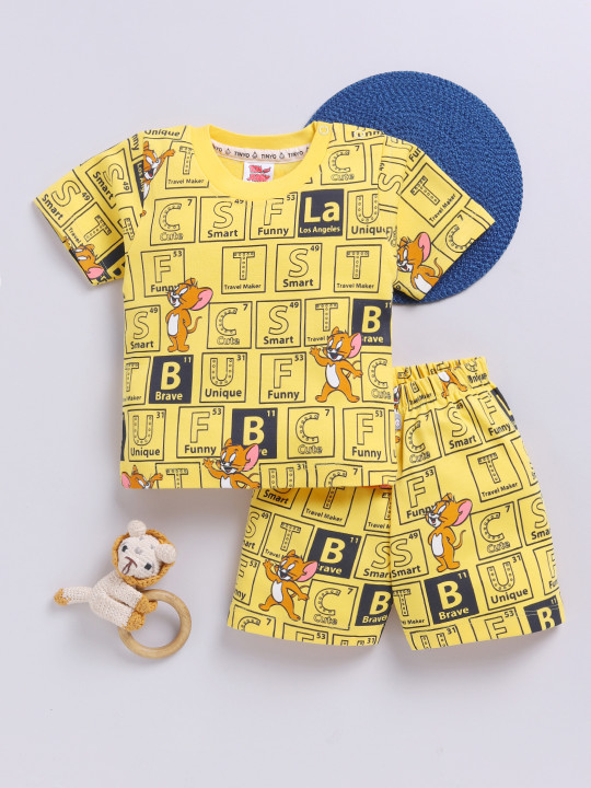 Tinyo Tom & Jerry Printed Pure Cotton T-Shirt & Shorts Set For Infant Boys (Yellow, Pack Of 1)