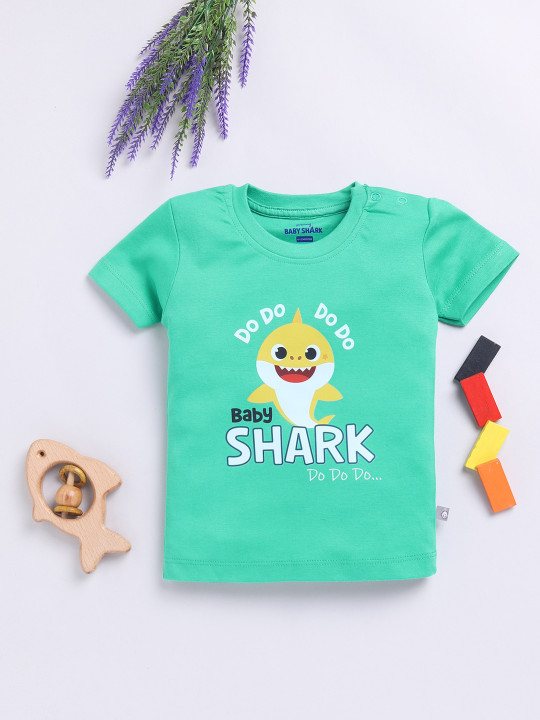 TINYO Infant Girls Baby Shark Printed Cotton T-Shirt (Green, Pack of 1)